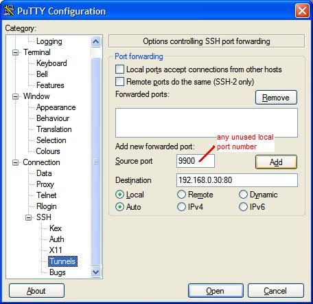 Configurating PuTTY for SSH port forwarding